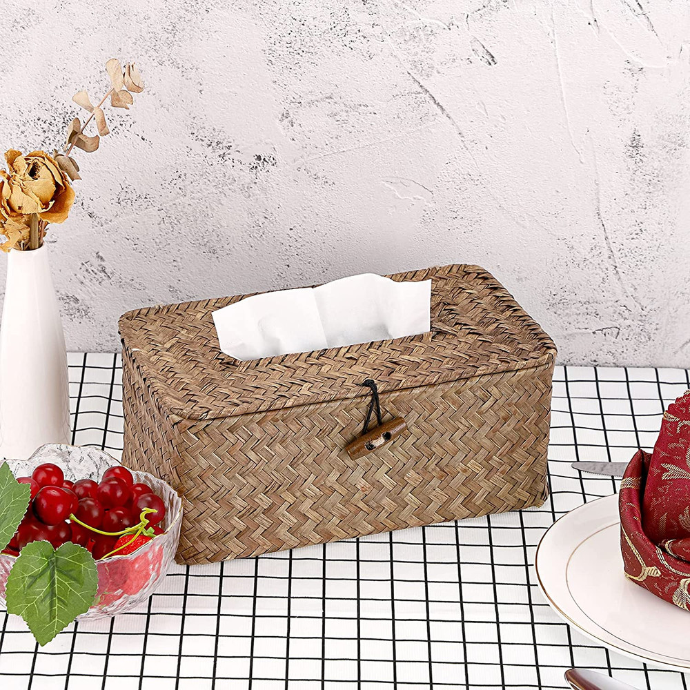 Rectangular Woven Tissue Box Cover, Decorative Seagrass Wicker Tissue Box Holder