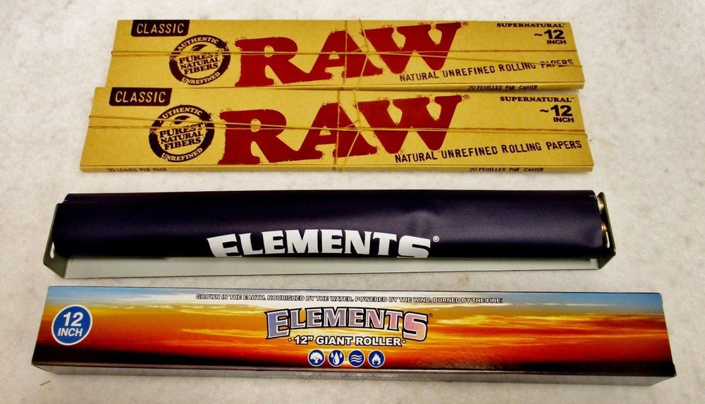 TWO Packs RAW CLASSIC FOOT LONG 12" Rolling Papers & Elements Roller