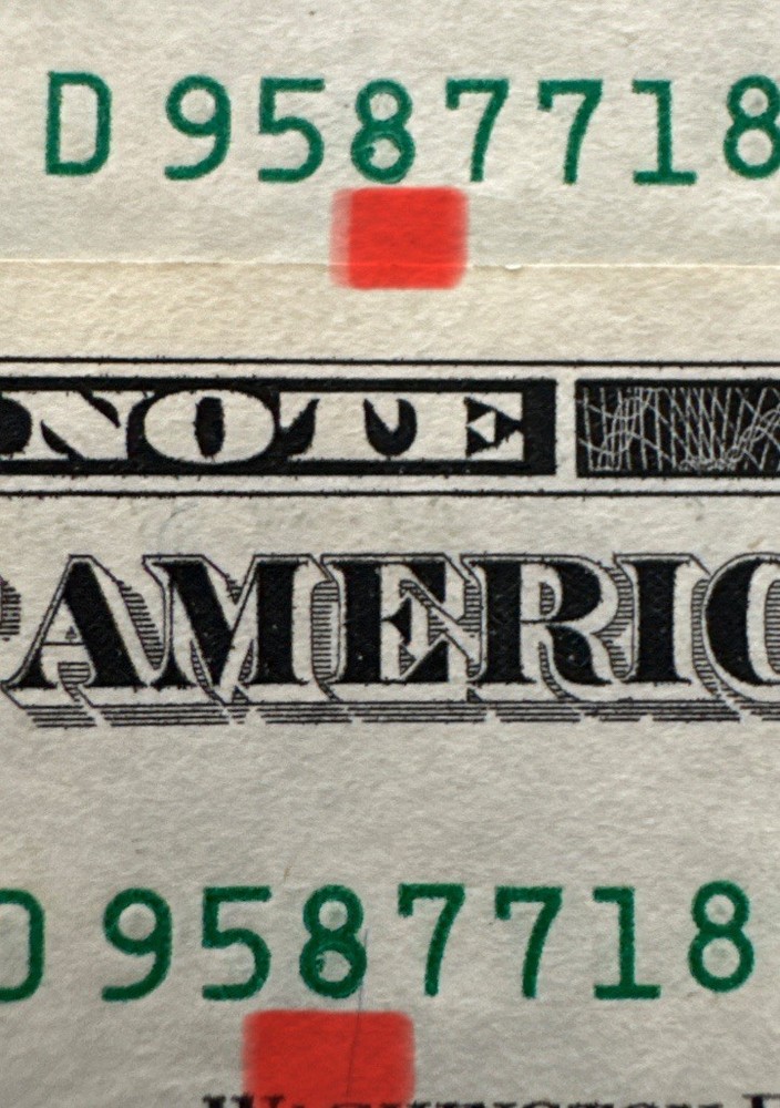 Two (2) 2021 $1 Sequential Notes with IDENTICAL Over Inked/smudge on Upper #8’s