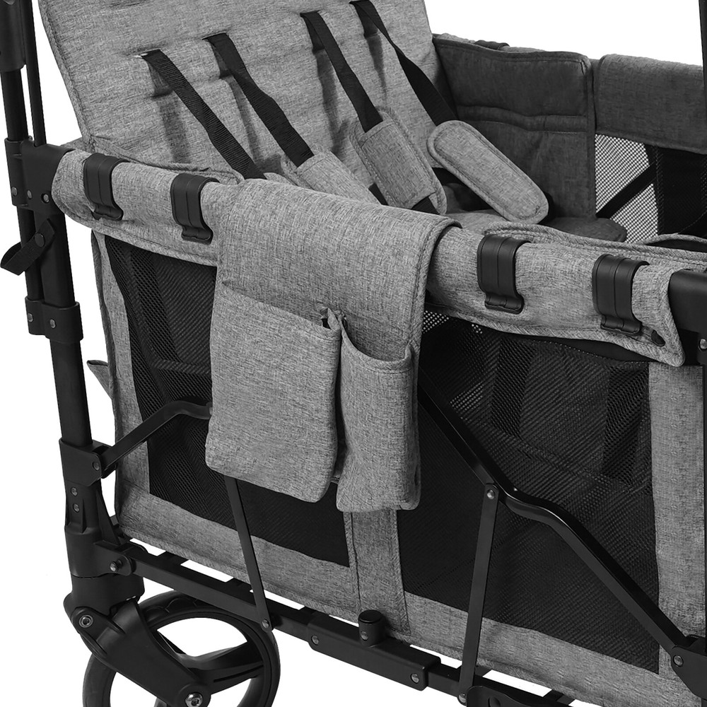 Wagon Stroller Push Pull Collapsible with Canopy for 4 Kids 0-6 Years Grey Black