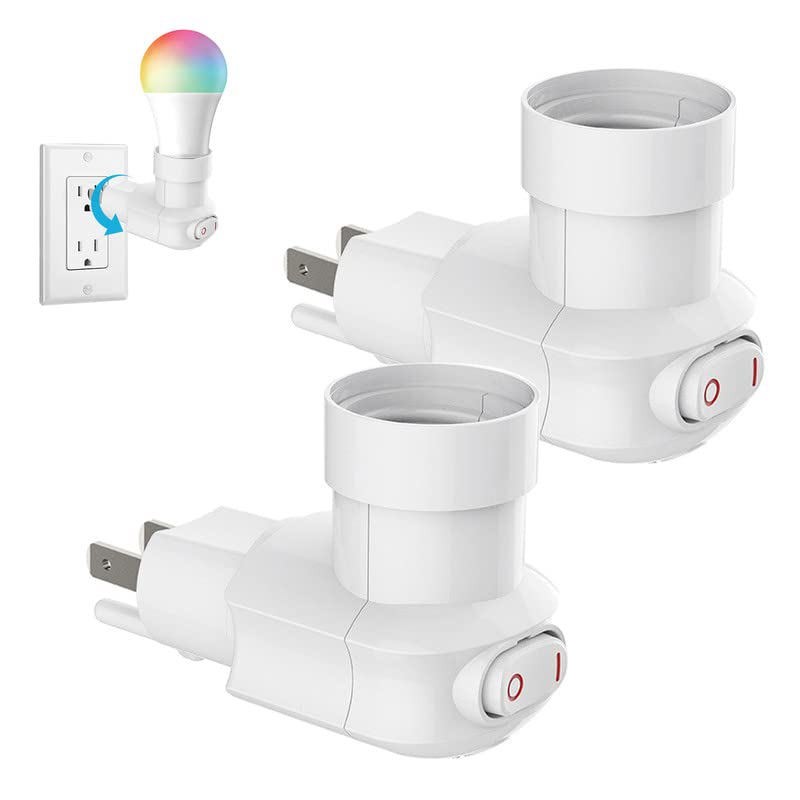 2Pcs 3-Prong Outlet to E26 E27 Plug in Light Bulb Socket with On/Off Switch Base
