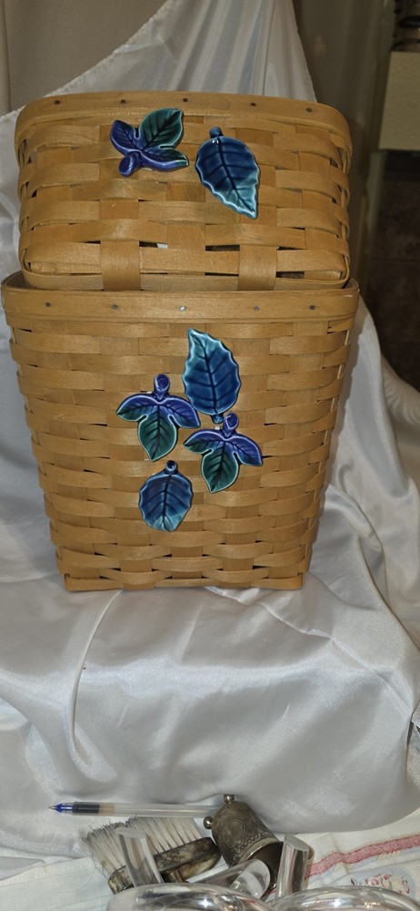 LANGABERGER 2-BASKETS THIN MAPLE W/CERAMIC(ADED)DECOR &PLASTIC LINER 2000 USA