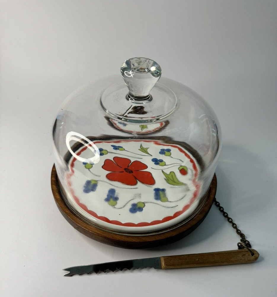 Goodwood Teak Cheeseboard w/Red Poppie Tile & Stainless Steel Knife Glass Dome