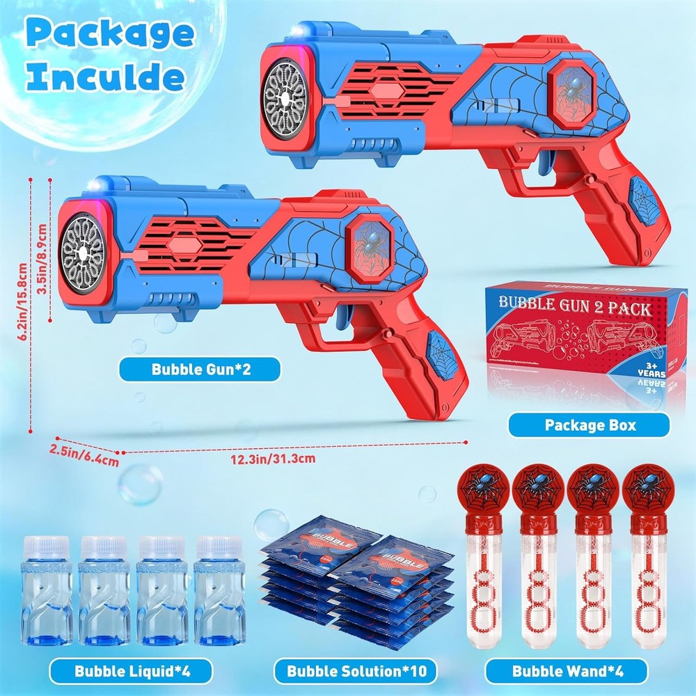 2PCS Bubble Gun for Kids, Spider Bubble Machine Gun with 4 Bubble Solution, Outd