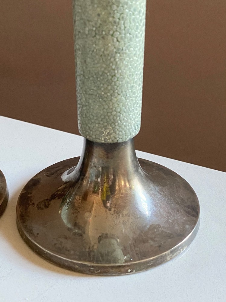 Pair of Shagreen and Silverplate Candlestick Candle Sticks