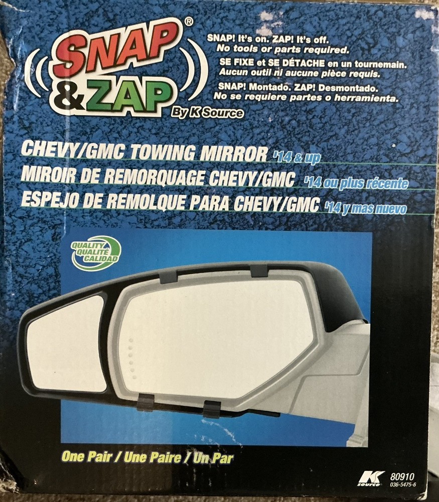 TOWING MIRRORS▫️Snap On▫️For Chevy/GMC▫️NEW: OPEN BOX▫️INSTRUCTIONS▫️STORAGE BAG