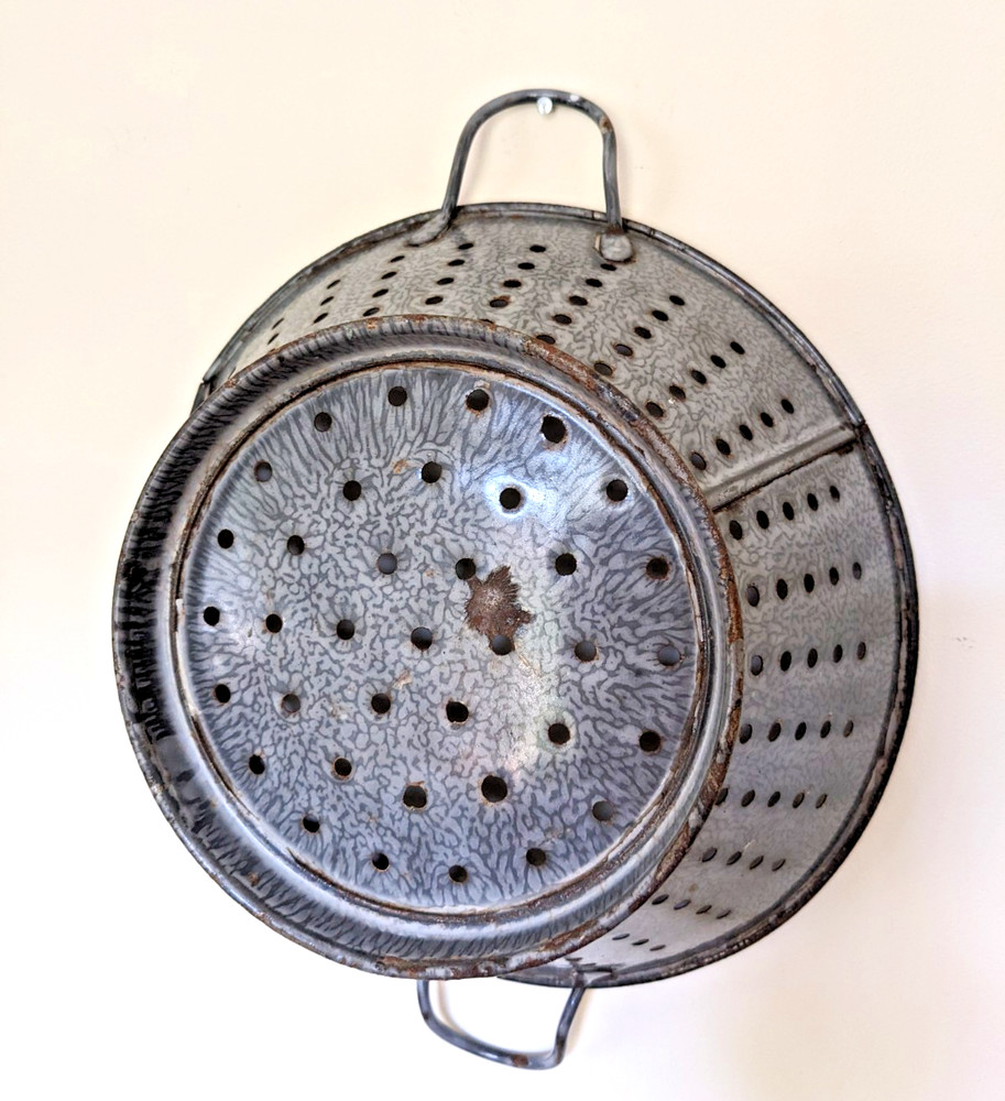 Antique Graniteware Colander Enamelware Strainer Rustic Primitive Farmhouse