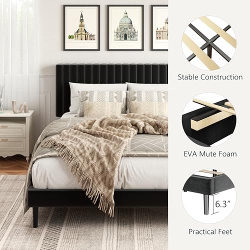 Size Platform Bed Frame with Velvet Upholstered Headboard Bed Frame Full Black