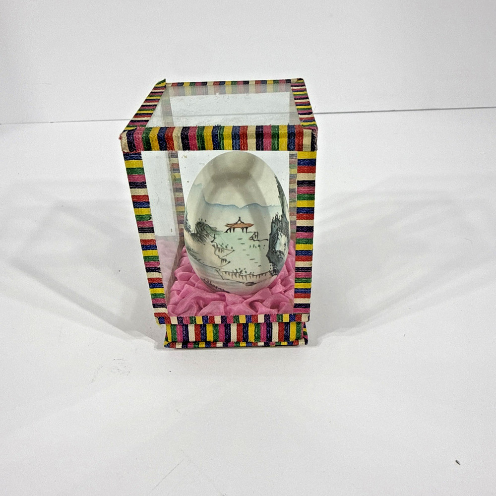 Chinese Painted Egg Shell In Glass Display Case Box ~Vintage