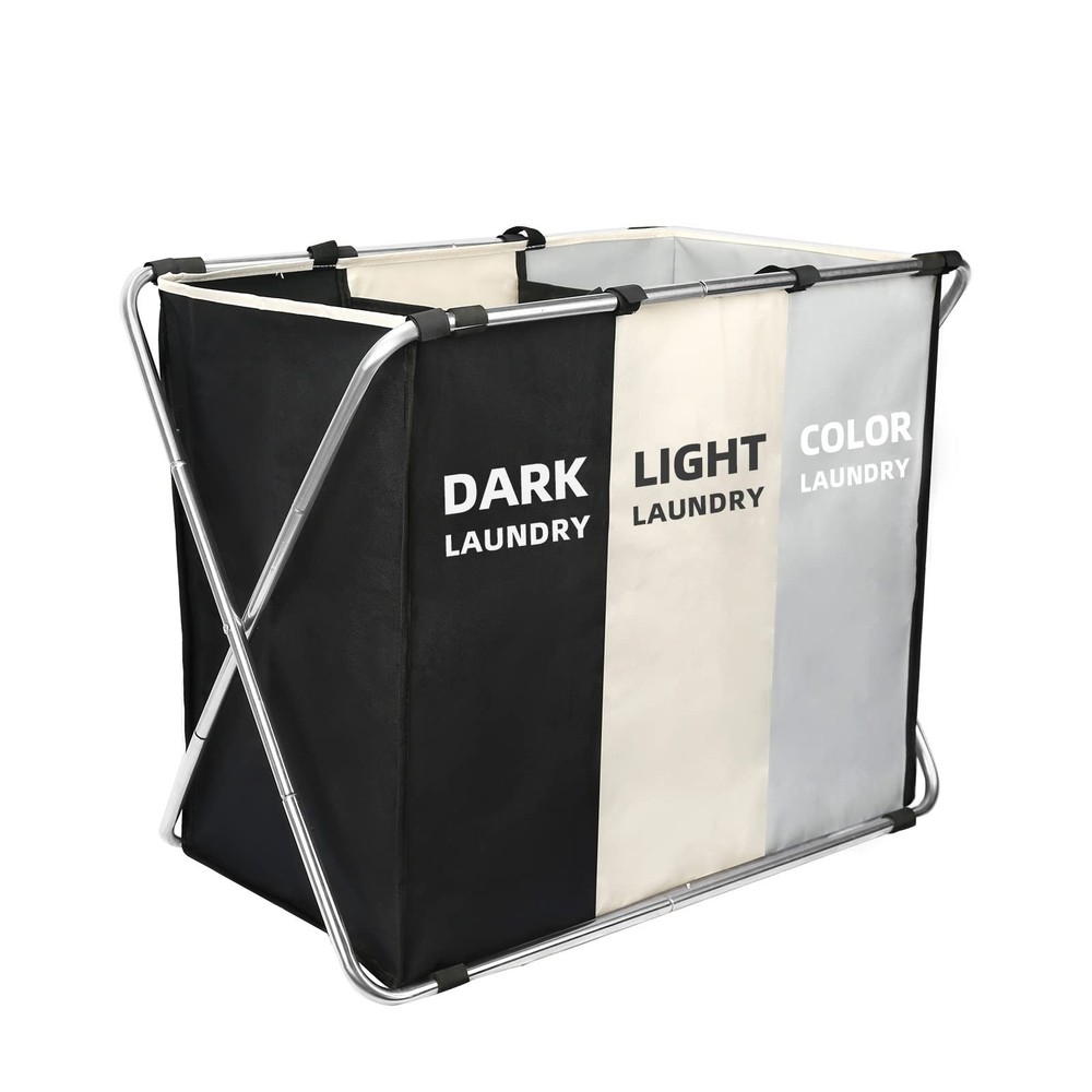Laundry Cloth Hamper Sorter Basket Bin Foldable 3 Sections with stainless ste...