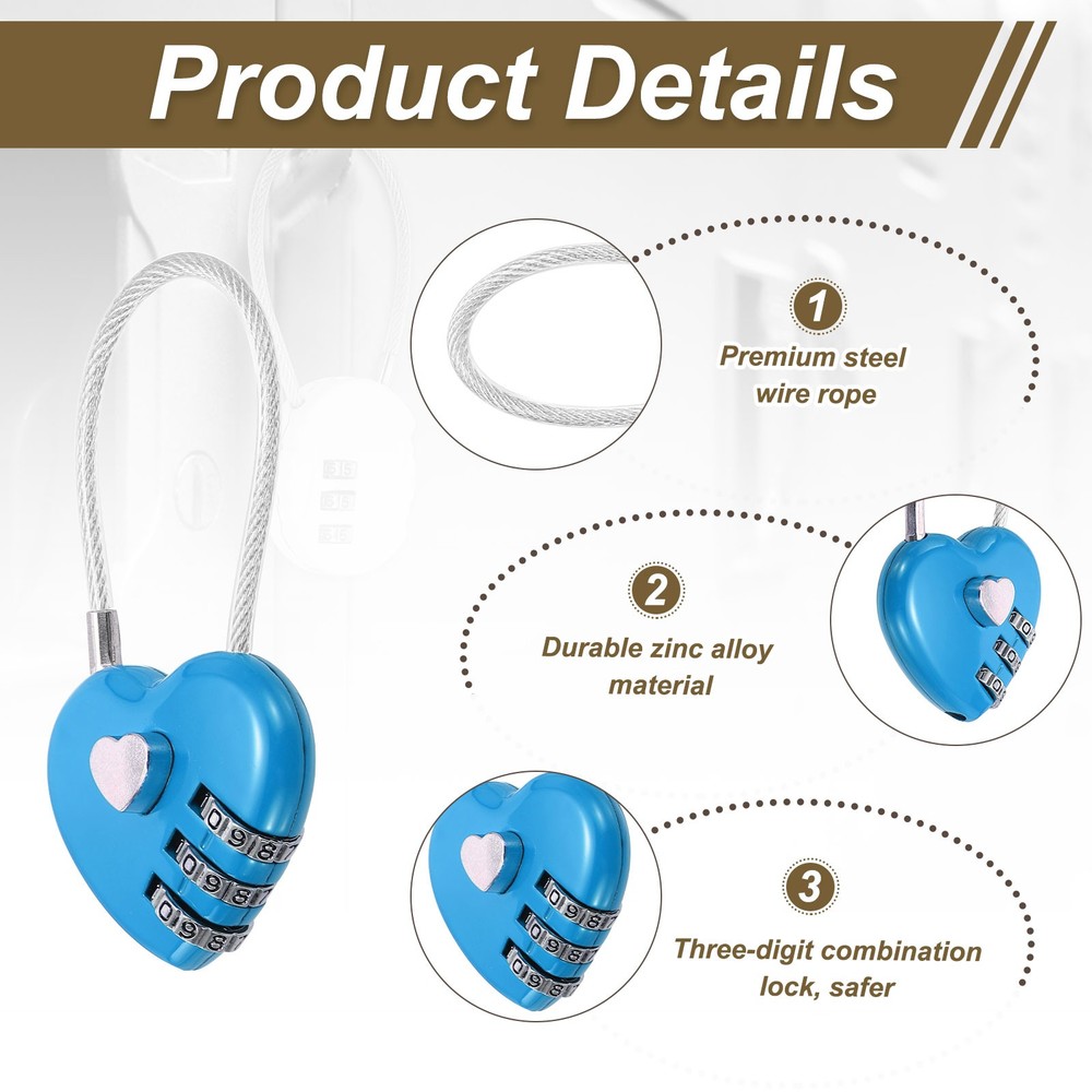 2-Pack Combination Padlock, 3 Digit Heart Shaped Cable Luggage Lock [Blue]