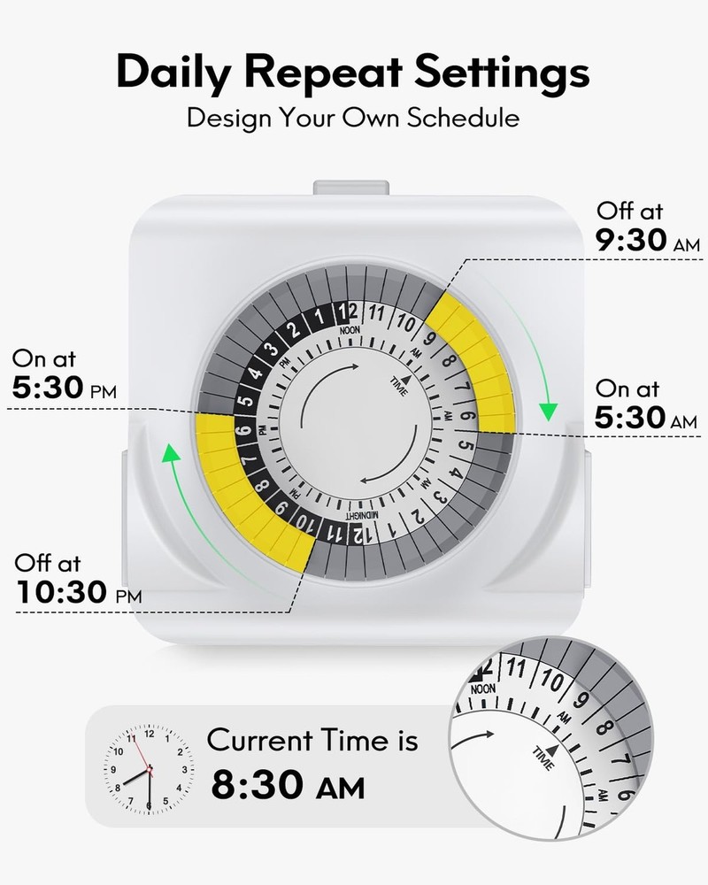 Outlet Timer, 24-Hour Plug-in Mechanical Timer, 2 Grounded Electrical Light T...