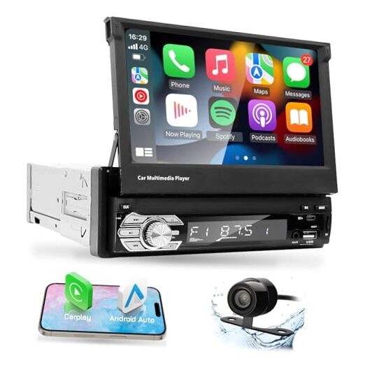Type-C&USB Single-Din-Carplay& Android-Auto 1-Din Flip Touch Screen Car Stereo