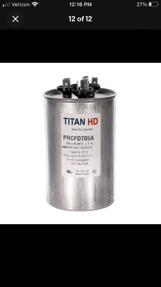 70 plus 5 MFD, 440-Volt/370-Volt Dual Voltage round Run Capacitor