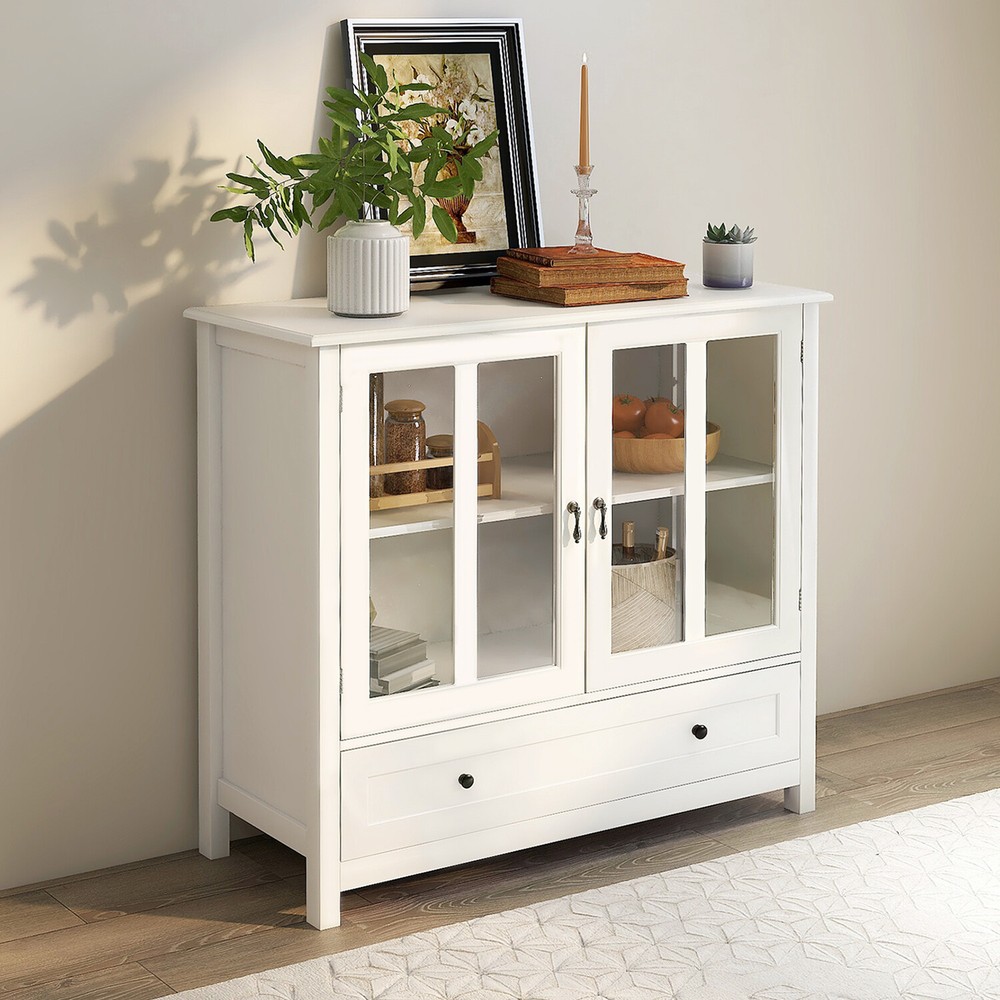Buffet Storage Cabinet with 2 Glass Doors and Unique Bell Handle