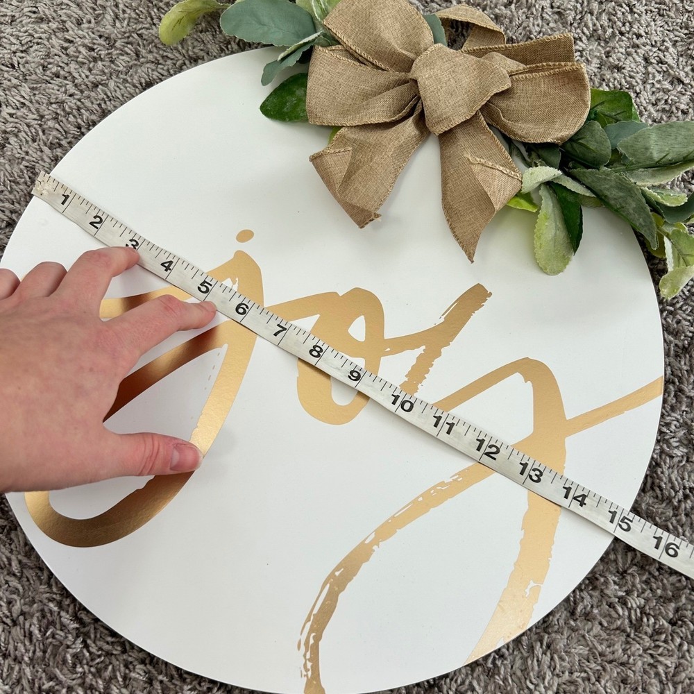 Round Wood Wall Hanging Decor White Gold Joy Script Rustic Burlap Bow Eucalyptus