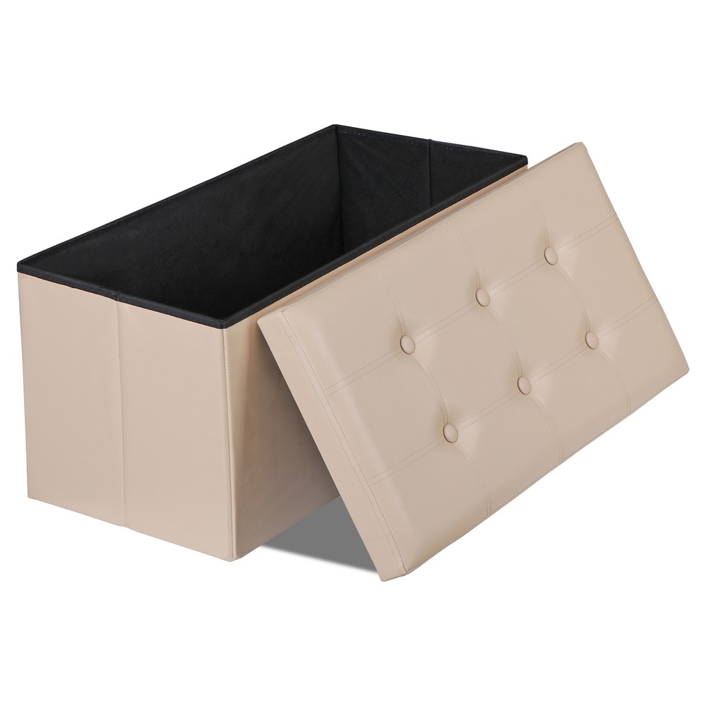 30" Folding Storage Ottoman Footstools MDF Frame Soft Leather Cover Seat Beige