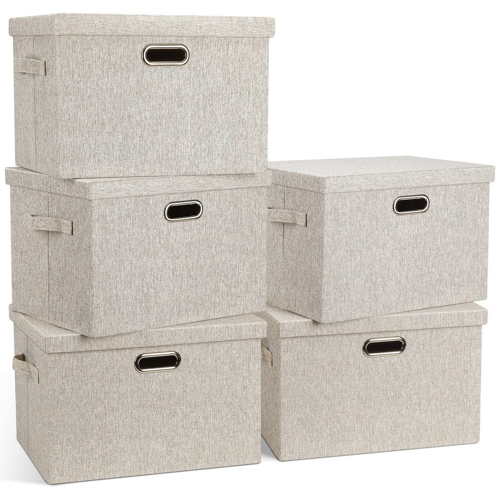 Large 17" 36 Quart Collapsible Stackable Storage Bins with Lids, 5 Packs Beig...