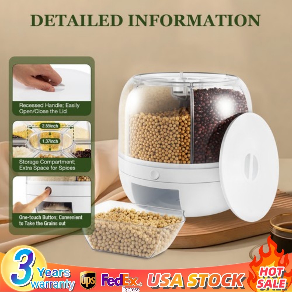 360° Rotatable Cereal Grain Dispenser Storage Box Kitchen Rice Container US
