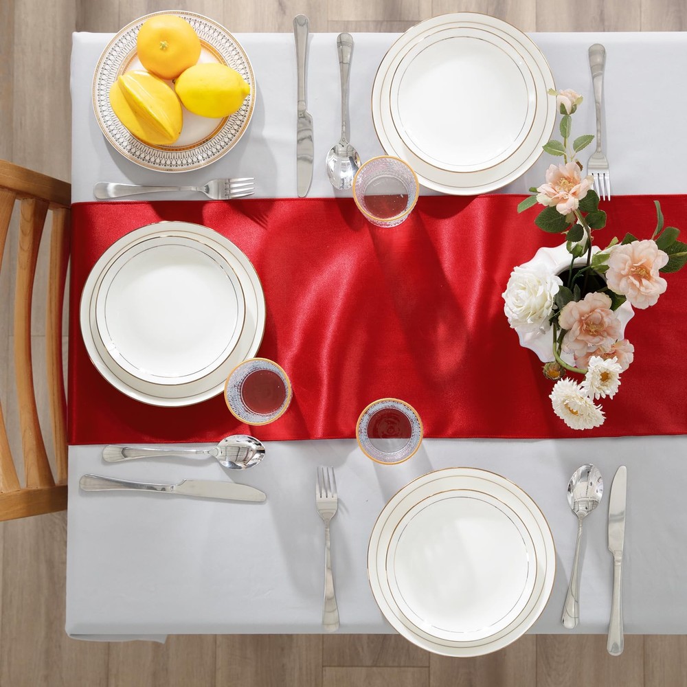 12 PCS Red 12x108 Inch Rectangular Smooth Satin Silk Table Runners Wedding