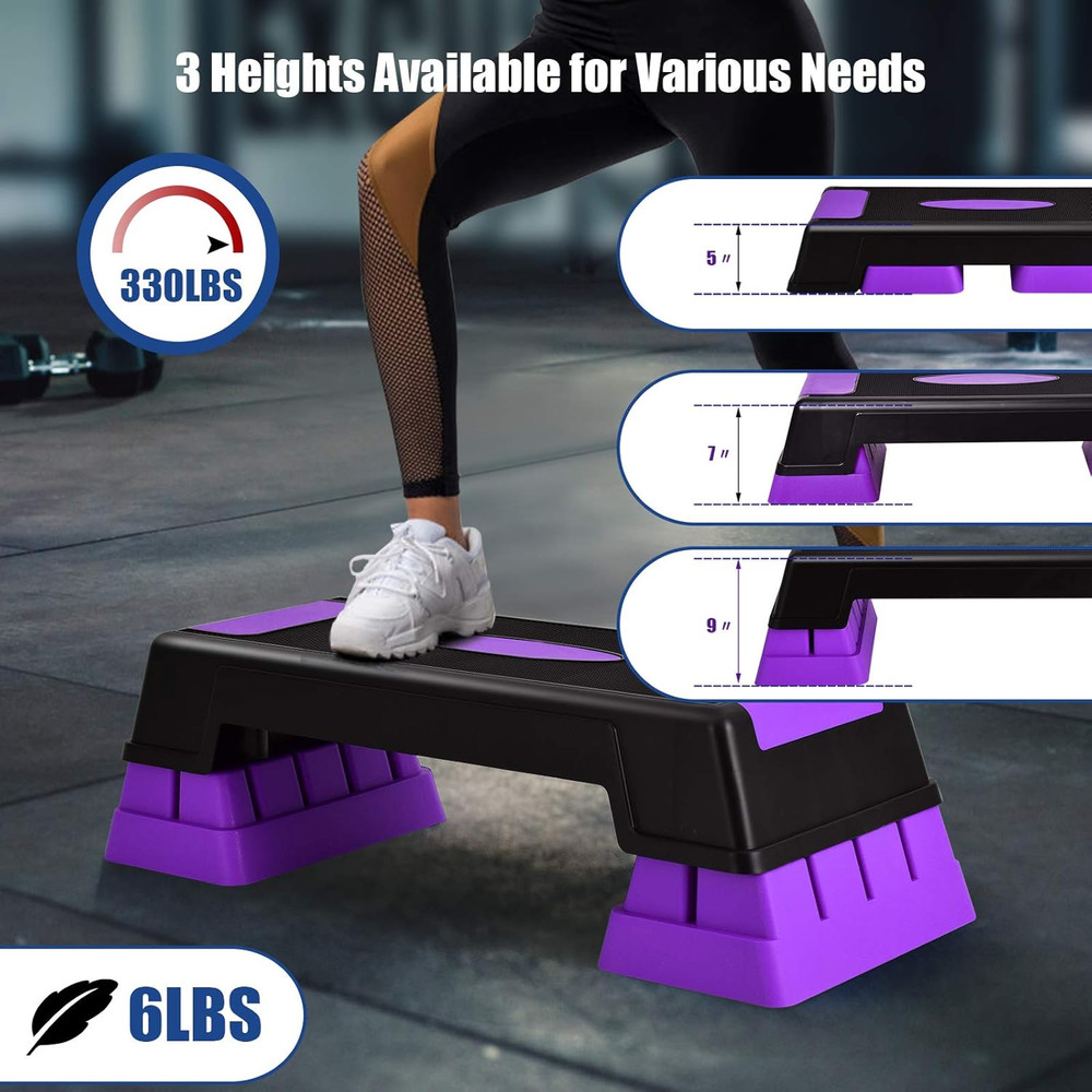 Exercise Step Platform, 30” Aerobic Stepper with Risers, 5”-7”-9” Height Adjusta