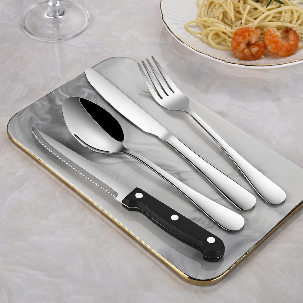 24-Piece Silverware Set with Steak Knives,Flatware 24-Pieces, Silver