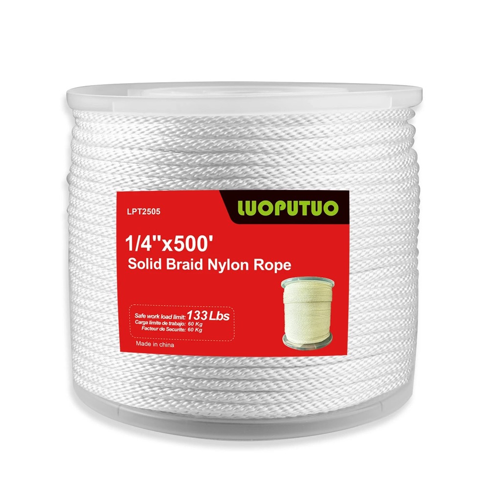 1/4'' 500' White Nylon Solid Braid Rope-1100LBS High UV Resistance