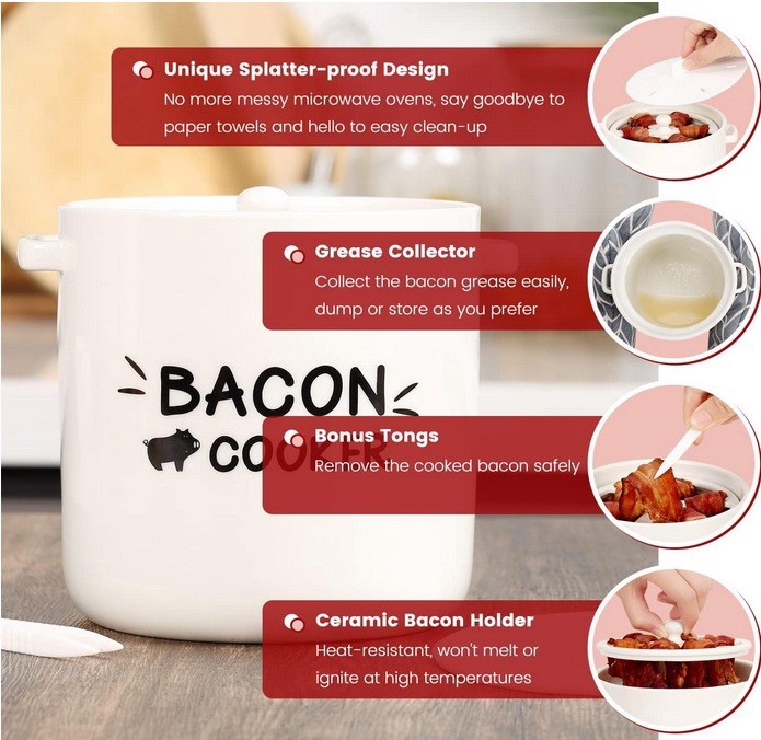 Ceramic Bacon Cooker for Microwave Oven - Splatter-Proof Design Microwave Bacon