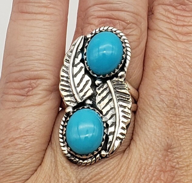 Sleeping Beauty Turquoise Ring Sterling Silver Feather Size 7.25