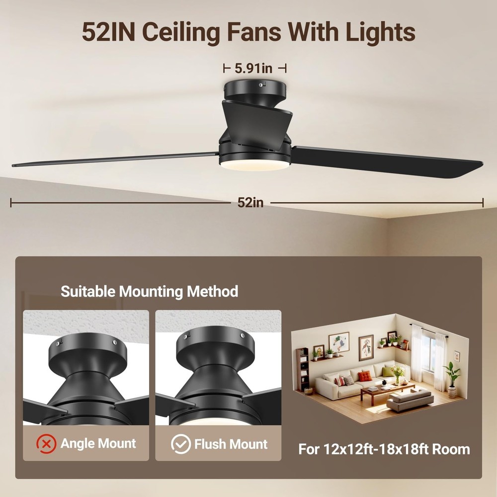 52 Inch Ceiling Fans with Lights, Remote Control, 3CCT, Dimmable&Adjustable W...