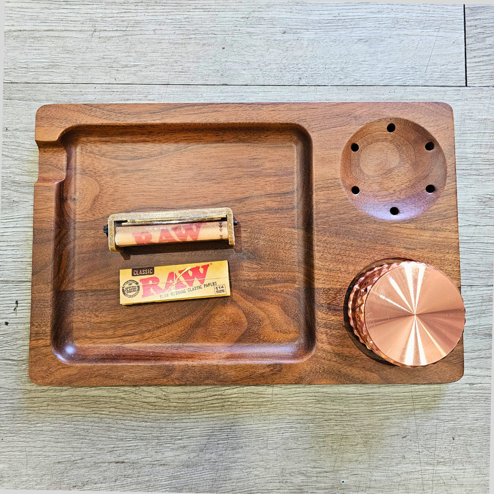 Premium Walnut Rolling Tray Kit – Grinder, Roller & Papers Combo