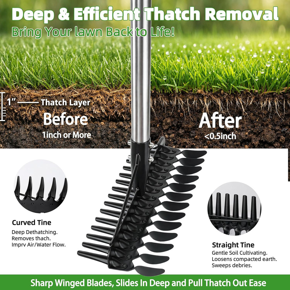 Thatch Rake for Lawns 36-63'' Stainless Steel Adjustable Handle for Dethatching