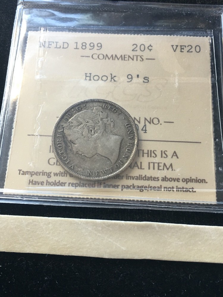 1899  Hook 9's ICCS Graded Newfoundland, Twenty Cent **VF-20**