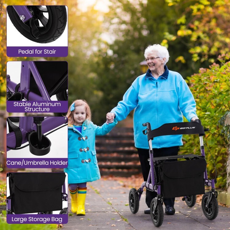 6 Level Adjustable Portable Foldable Senior Rollator Walker w/ Comfortable Seat