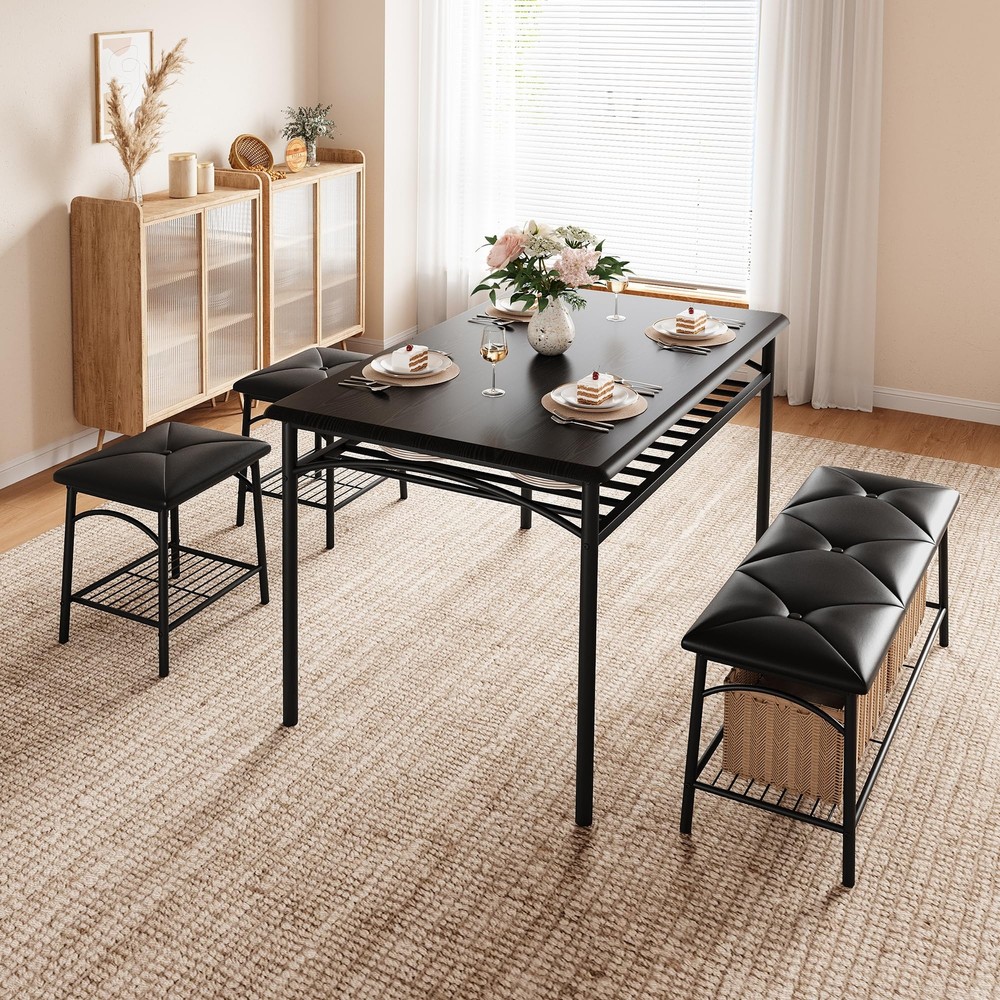 Dining Table Set for 4 Kitchen Table Set w/Upholstered Bench and Stools Storage