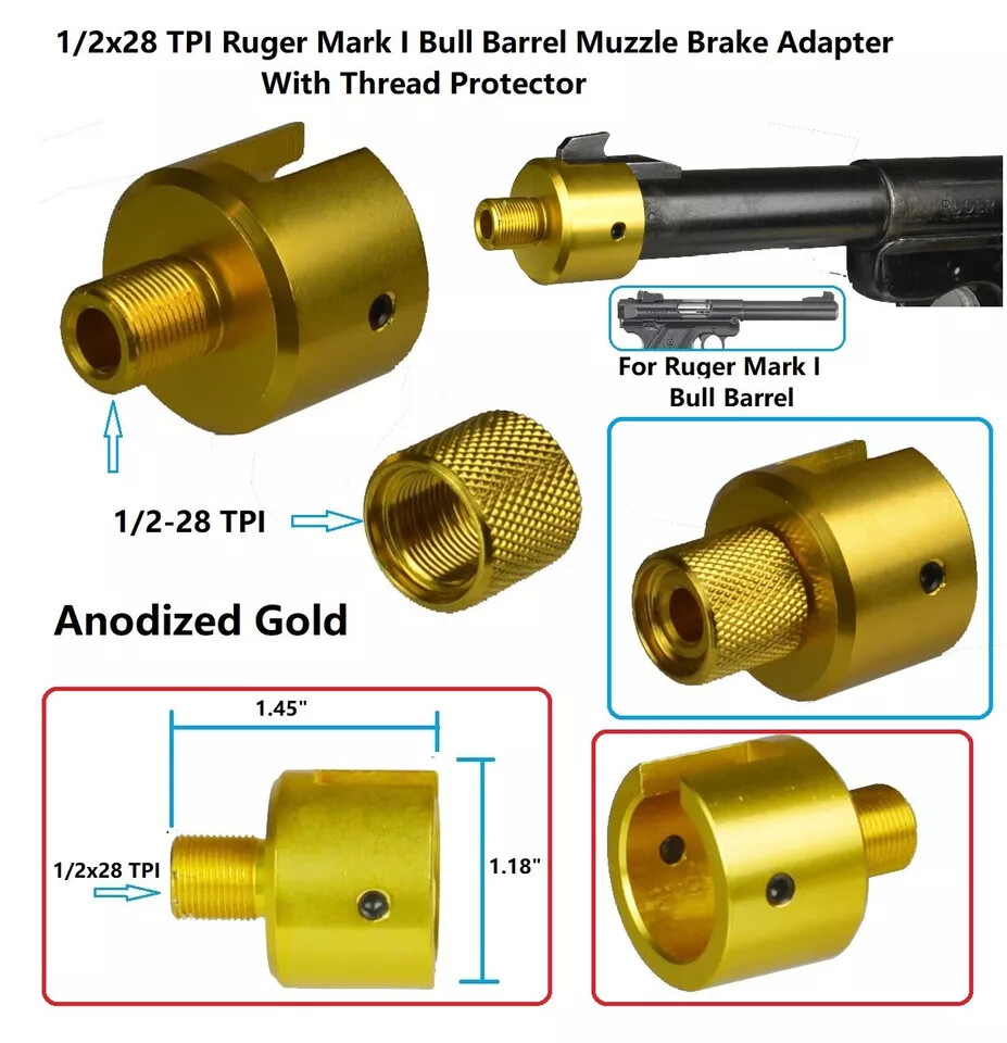Silver,Gold,Red,Ruger .22 Mark I 1/2x28 TPI Muzzle Adapter+Thread Protector,Bull