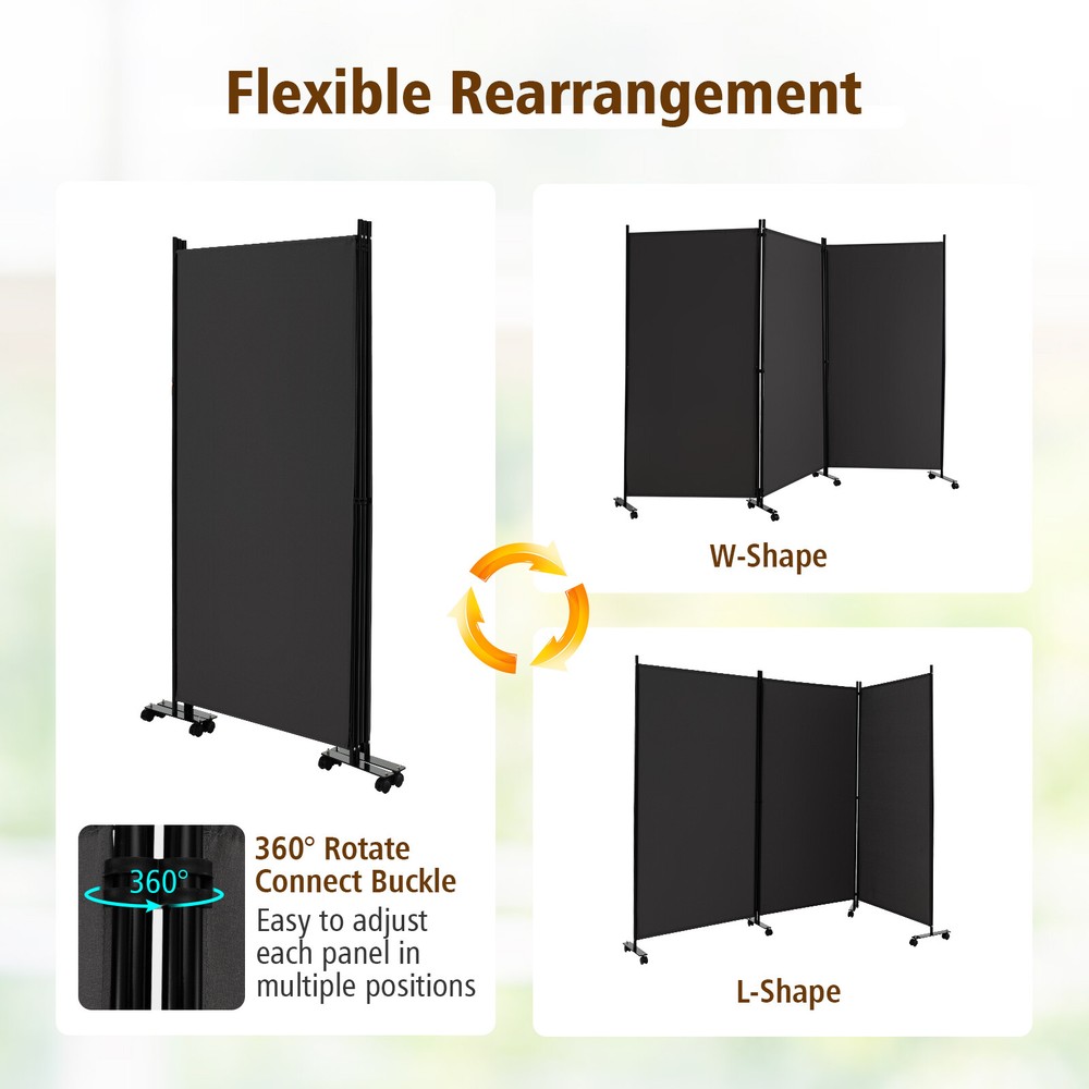 3-Panel Folding Room Divider 6Ft Rolling Privacy Screen w/Lockable Wheels Grey
