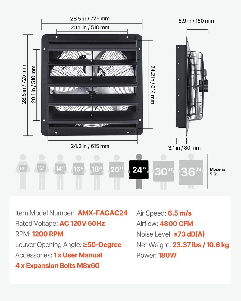 VEVOR 24 in Shutter Exhaust Fan with Speed Controller Wall Mount for Shed