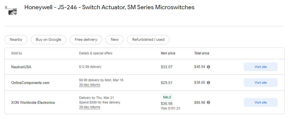 Micro Switch JS-246 Switch Access Snap Action Roller Lever Actuator - New