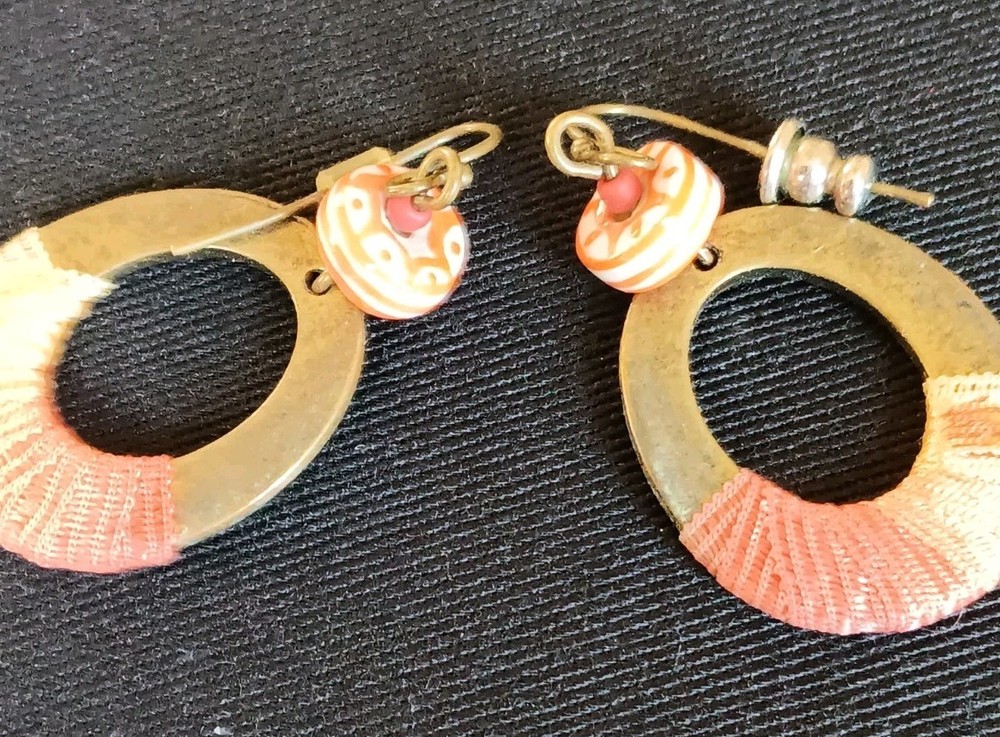 Mixed Media Stamped Patern With Thread Dangle Earrings