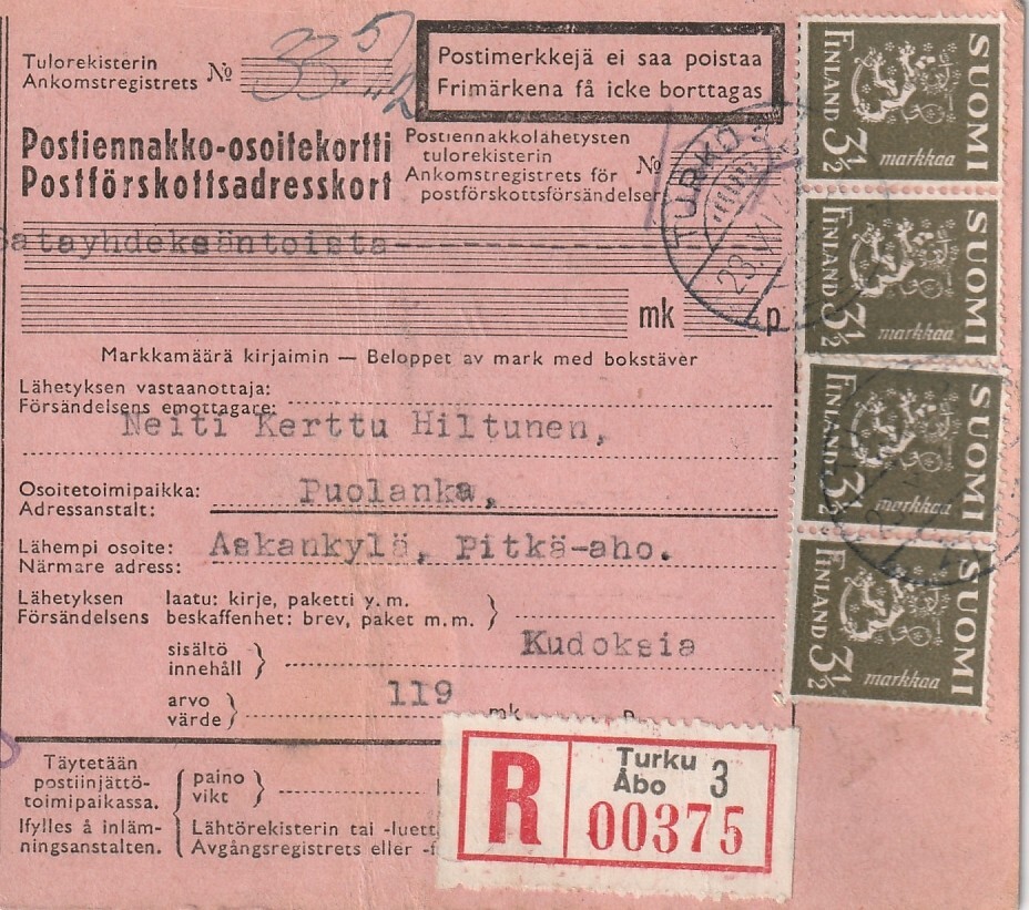 FINLAND: Registered COD-parcel Turku 1944. Scarce.