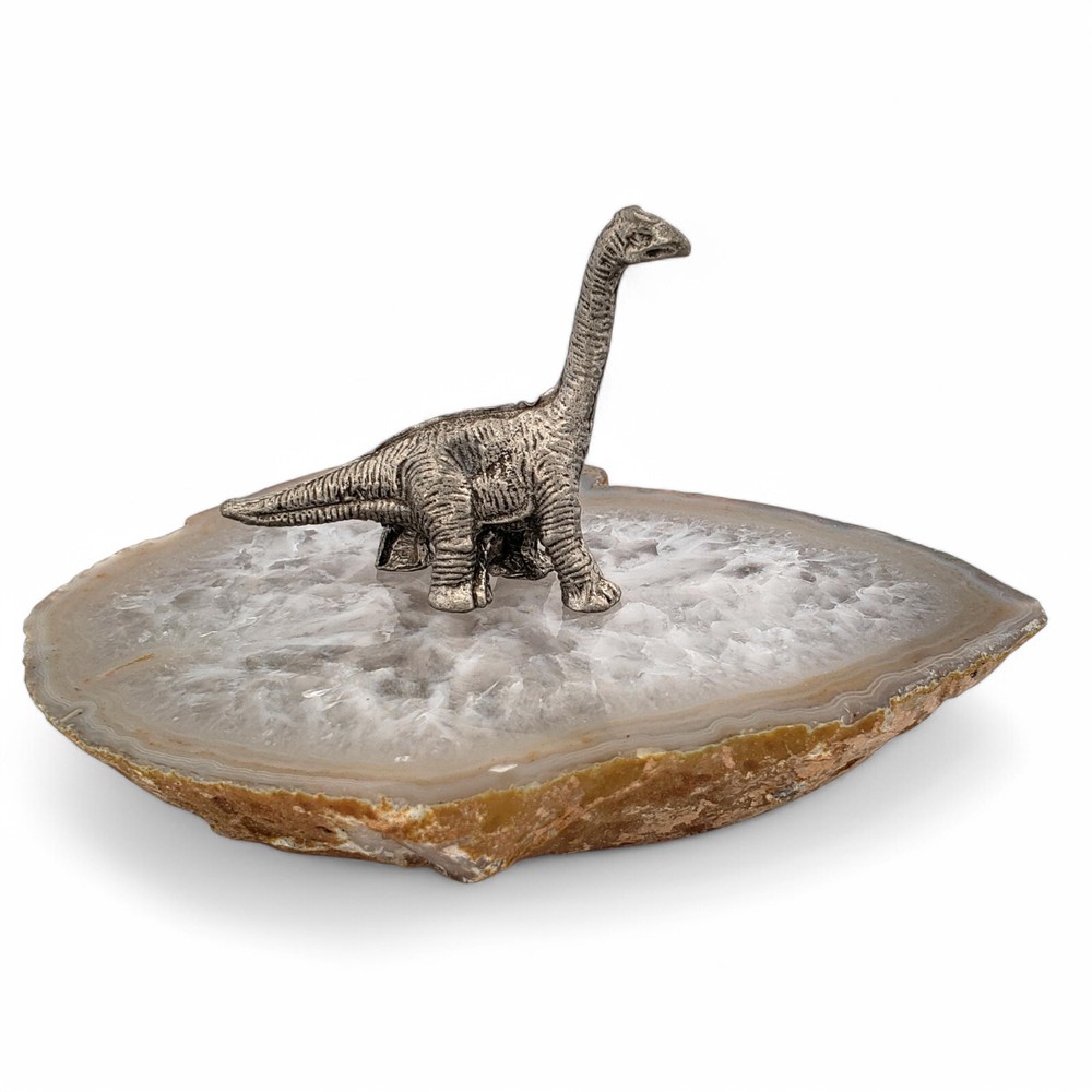 Prehistoric Brachiosaurus Pewter Figurine on Natural Agate Display