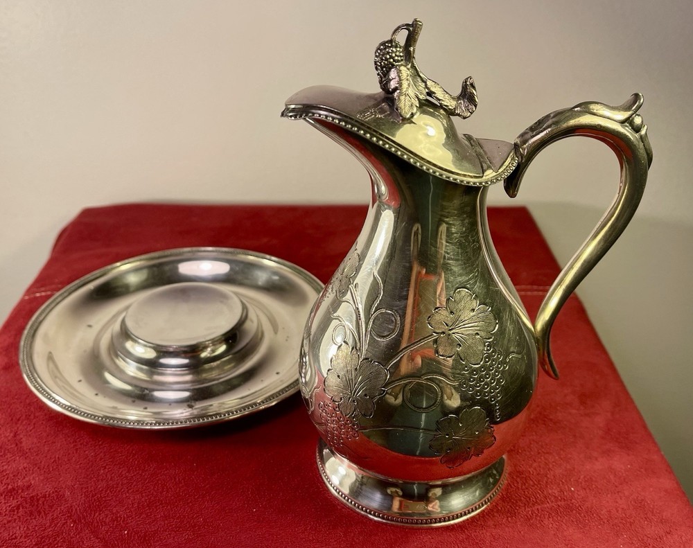 Silver Pitcherr & Saucer Aesthetic Movement - Engraved Grape & Leaf Design