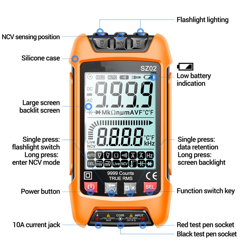 Smart Digital Multimeter 9999 Counts True RMS Auto Electrical Capacitance Meter'