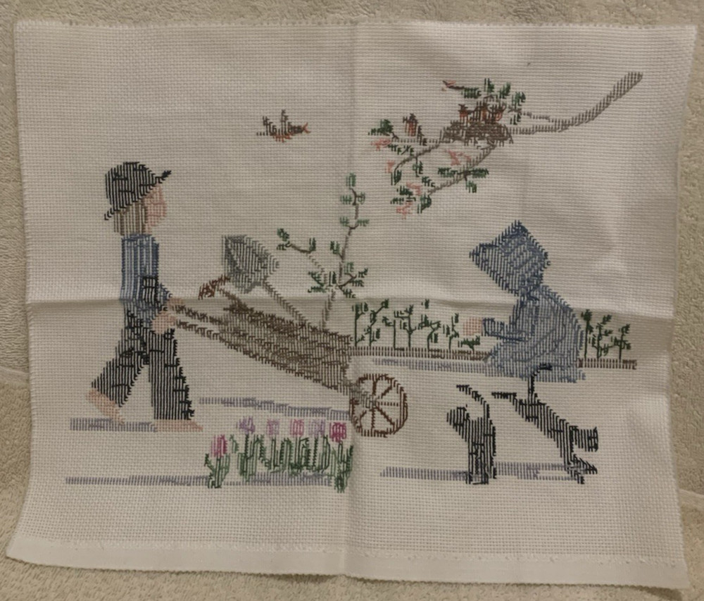 Complete Diane Graebner SPRING PLANTING Amish Cross Stitch Panel 14x12 - EUC