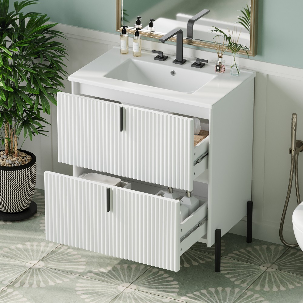 Bathroom Vanity W Ceramic Sink Equipped W Vertical Pulls Full Extension Drawers