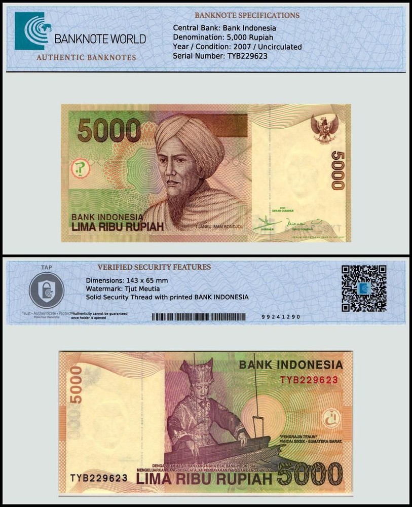 Indonesia 5000 Rupiah, 2007, P-142g, UNC, Authenticated Banknote
