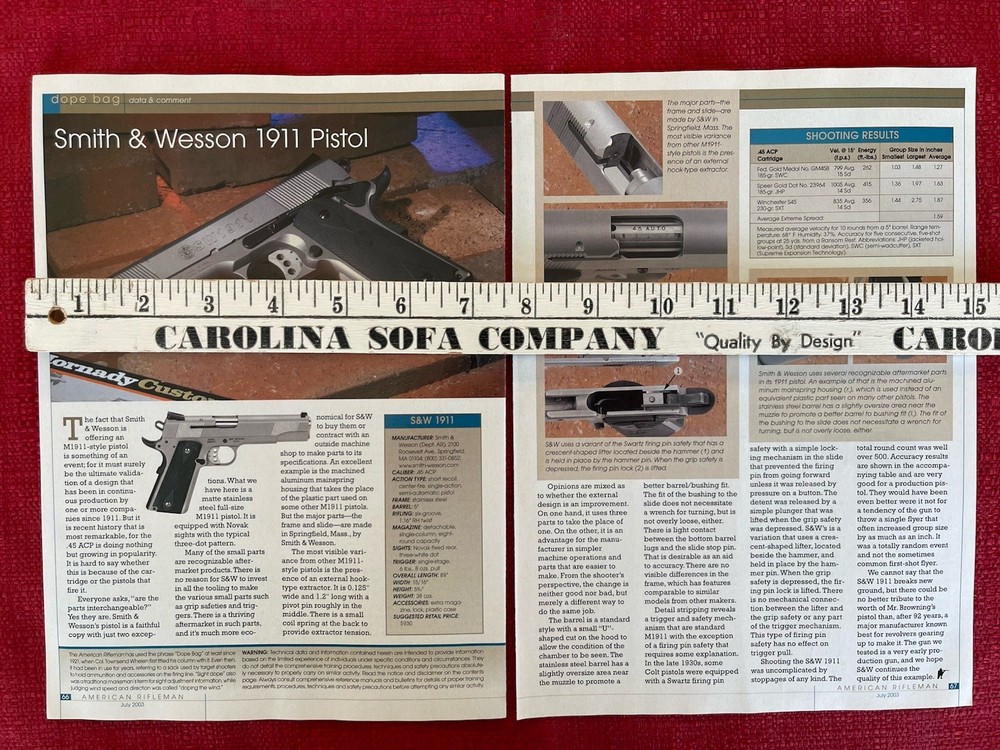 2003 Magazine Article/Print Ad Smith & Wesson 1911 Gun Specifications & Info