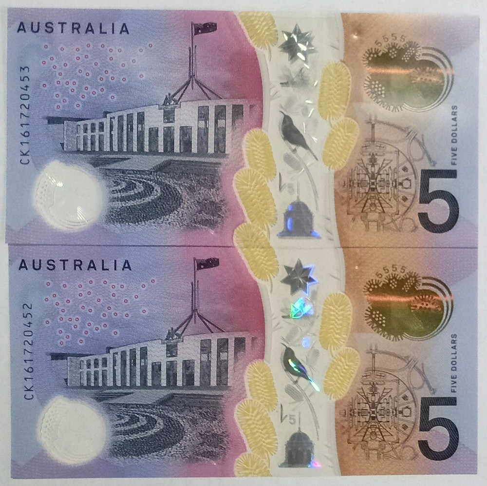 2016 Consecutive Serial Number $5 UNC 2 Five Dollar Banknotes