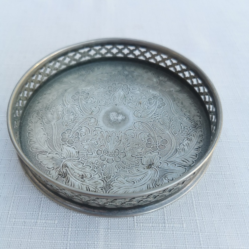 Vintage Silver Plate On Copper Coaster Pattern 10cm Sheffield